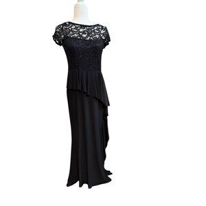 Marina Black Lace & Jersey Evening Maxi Dress Tiered Skirt, Illusion Back  6P